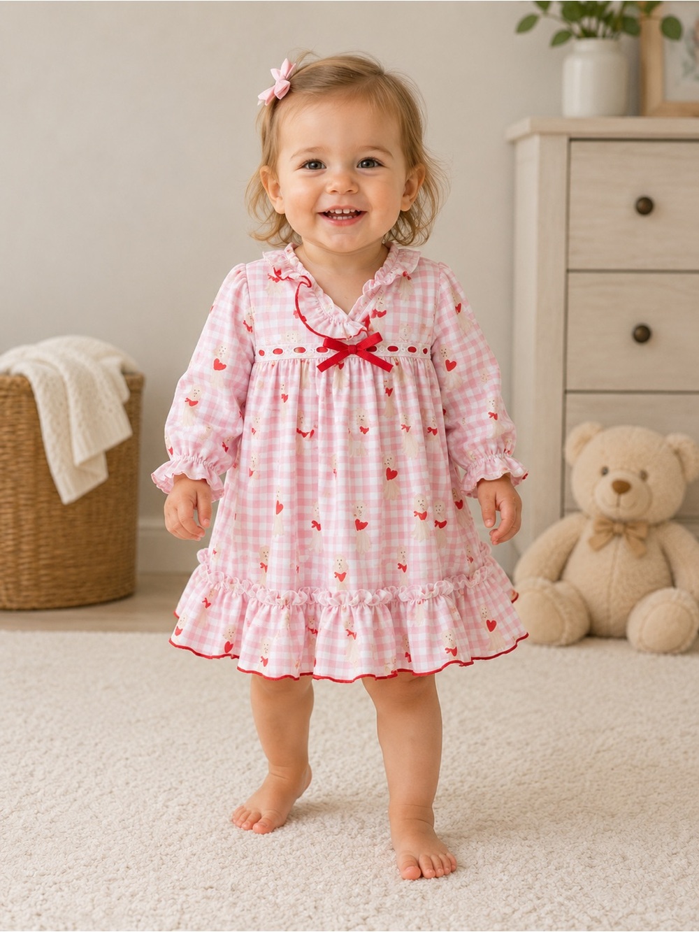 Little Blue Birds smocks Pink Gingham Puppy Heart dress with Red Trim